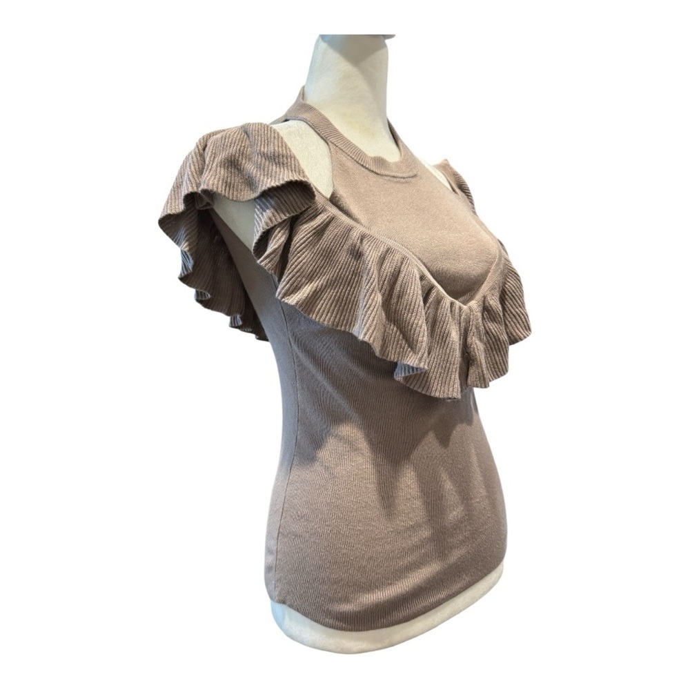 Express Taupe Ruffle Cold Shoulder Top Size Small - Ribbed Statement Blouse - Picture 3 of 4